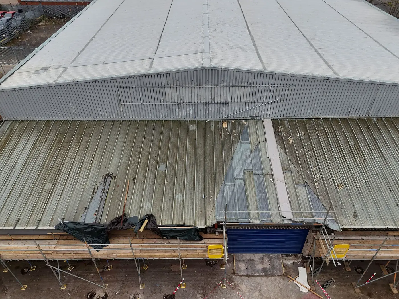 Scaffolding and new roof structure during works